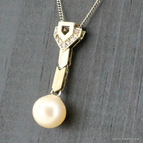 Art Deco Cultured Pearl & Rose Cut Diamond Pendant, Circa 1935
