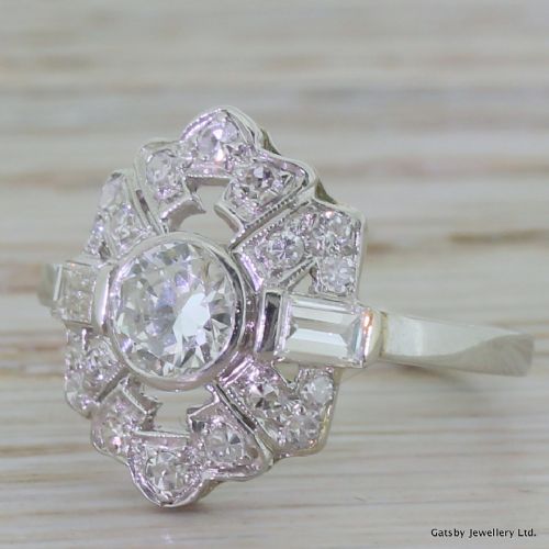 Art Deco 1.24 Carat Old Cut & Baguette Cut Diamond Shield Ring, Circa 1930
