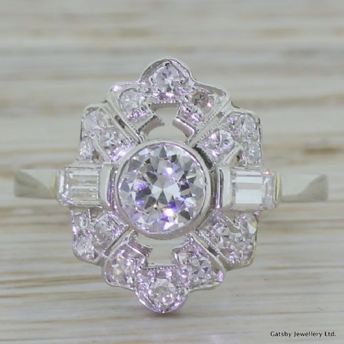 fig 1. Art Deco 1.24 Carat Old Cut & Baguette Cut Diamond Shield Ring, circa 1930