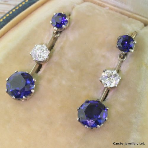 Art Deco 1.00 Carat Diamond & 3.70 Carat Sapphire Drop Earrings, Circa 1935
