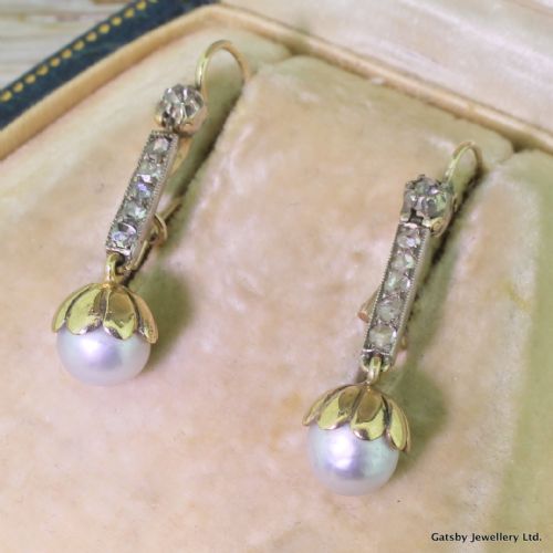 Victorian Natural Grey Pearl & Rose Cut Diamond Drop Earrings, Circa 1880
