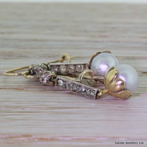 fig 1. Victorian Natural Grey Pearl & Rose Cut Diamond Drop Earrings, circa 1880