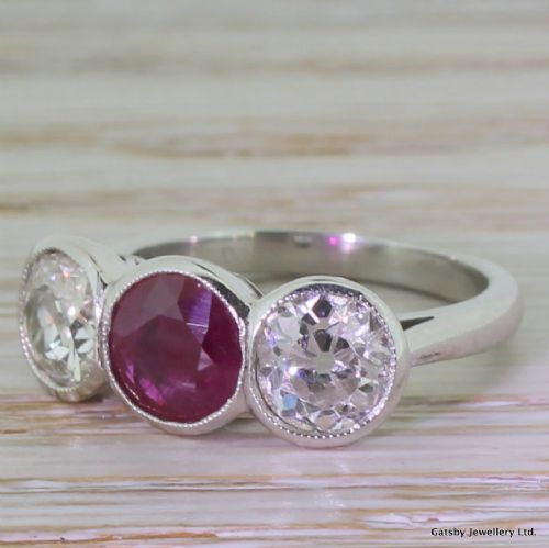 Art Deco 0.85 Carat Ruby & 1.70 Carat Old Cut Diamond Trilogy Ring, Circa 1925