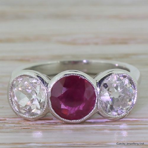 fig 1. Art Deco 0.85 Carat Ruby & 1.70 Carat Old Cut Diamond Trilogy Ring, circa 1925