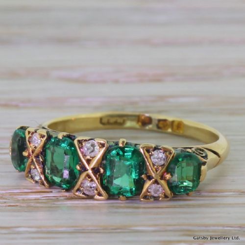 Edwardian 0.90 Carat Colombian Emerald & Old Cut Diamond Ring, Dated 1905
