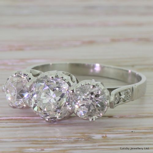 Art Deco 2.62 Carat Old Mine Cut Diamond Trilogy Engagement Ring, Circa 1915
