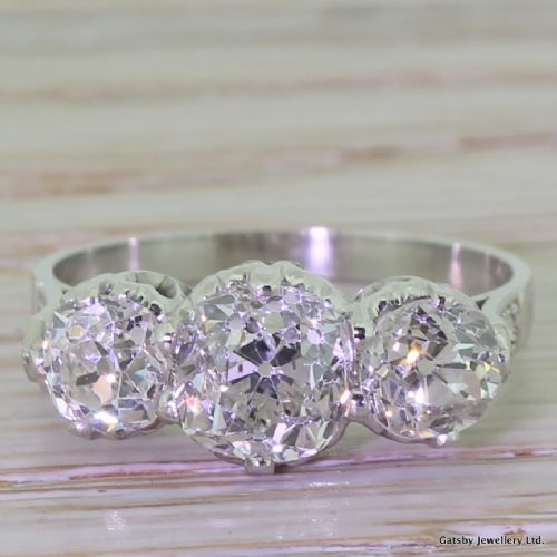 fig 1. Art Deco 2.62 Carat Old Mine Cut Diamond Trilogy Engagement Ring, circa 1915