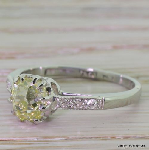 Art Deco 1.08 Carat Fancy Light Yellow Old Cushion Cut Diamond Engagement Ring, Circa 1930
