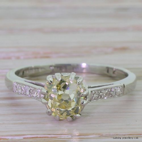 fig 1. Art Deco 1.08 Carat Fancy Light Yellow Old Cushion Cut Diamond Engagement Ring, circa 1930