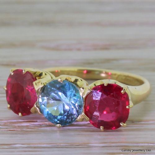 Mid Century Natural Blue Zircon & Ruby Trilogy Ring, Circa 1950
