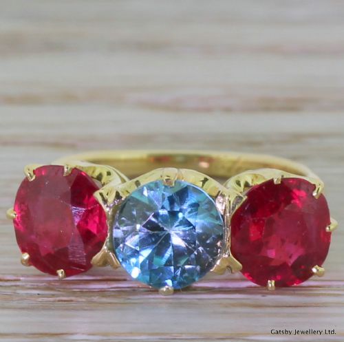 fig 1. Mid Century Natural Blue Zircon & Ruby Trilogy Ring, circa 1950