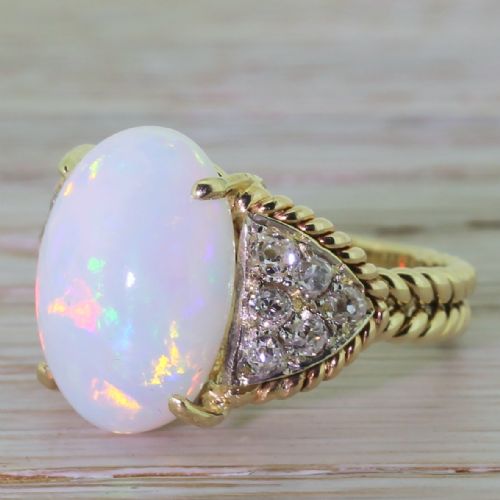 Art Deco 4.00 Carat Opal & Old Cut Diamond Ring, Circa 1940

