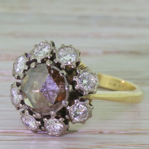 Georgian 1.32 Carat Natural Cognac Rose Cut Diamond Cluster Ring, Circa 1810
