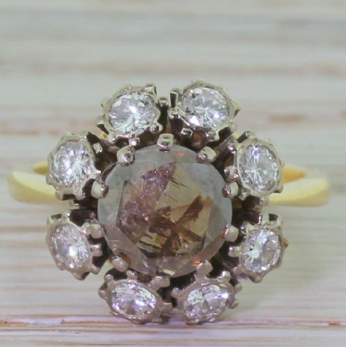 fig 1. Georgian 1.32 Carat Natural Cognac Rose Cut Diamond Cluster Ring, circa 1810