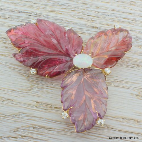Art Deco 125.00 Carat Tourmaline, Opal & Diamond Foliate Brooch, Circa 1940
