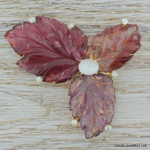 fig 2. Art Deco 125.00 Carat Tourmaline, Opal & Diamond Foliate Brooch, circa 1940
