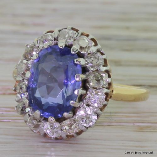 Art Deco 4.00 Carat Sapphire & 1.75 Carat Old Cut Diamond Ring, Circa 1935
