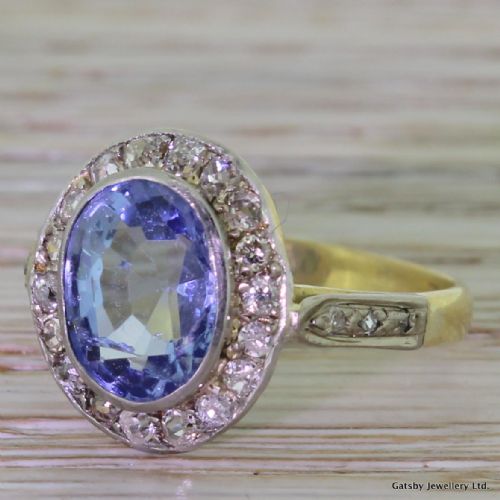 Art Deco 3.50 Carat Sapphire & 0.65 Carat Old Cut Diamond Ring, Circa 1930
