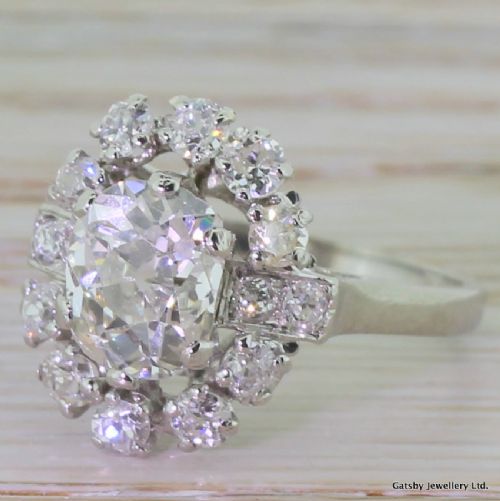 Art Deco 1.56 Old Oval Cut Diamond Cluster Engagement Ring, French, Circa 1940
