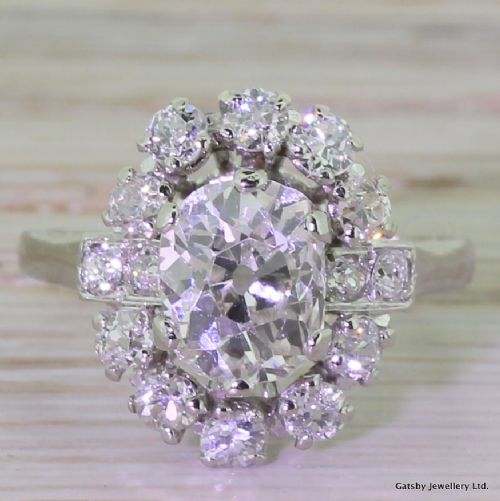fig 1. Art Deco 1.56 Old Oval Cut Diamond Cluster Engagement Ring, French, circa 1940