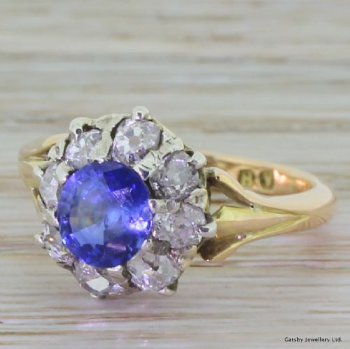Edwardian 1.00 Carat Sapphire & Diamond Cluster Ring, Circa 1910
