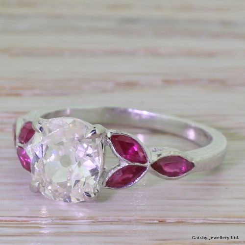 Art Deco 1.53 Carat Old Cut Diamond "Ruby Leaf" Engagement Ring, Circa 1925
