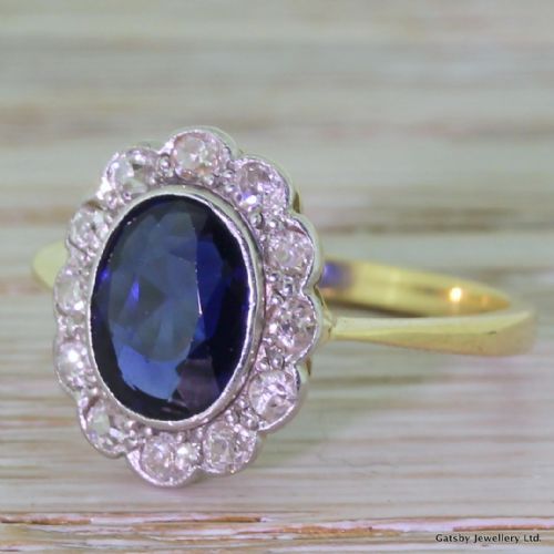 Art Deco 1.80 Carat Sapphire & 0.65 Carat Old Cut Diamond Cluster Ring, 1935
