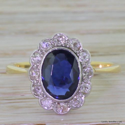 fig 1. Art Deco 1.80 Carat Sapphire & 0.65 Carat Old Cut Diamond Cluster Ring, 1935
