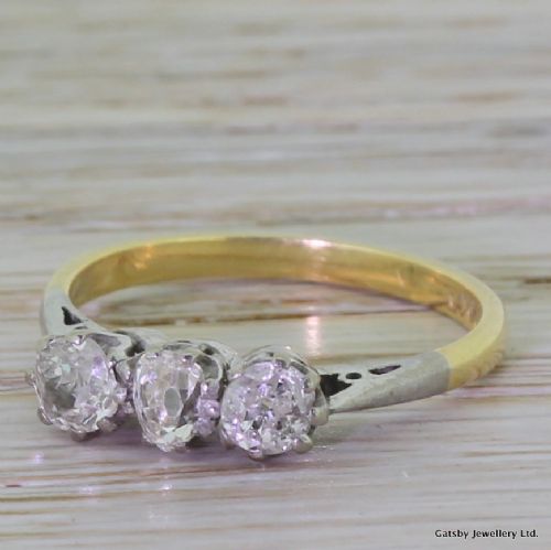 Art Deco 0.90 Carat Old Mine Cut Diamond Trilogy Ring, Circa 1920

