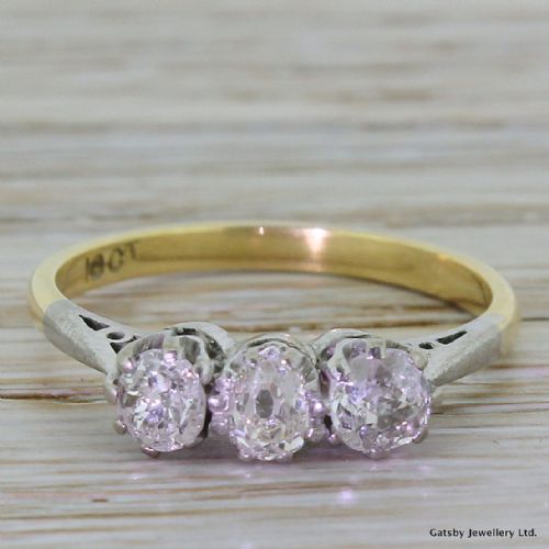 fig 1. Art Deco 0.90 Carat Old Mine Cut Diamond Trilogy Ring, circa 1920
