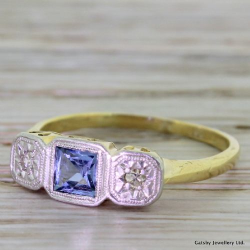 Art Deco 0.30 Carat French Cut Sapphire & Diamond Trilogy, Circa 1920
