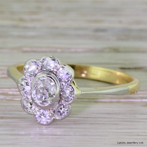 Edwardian 0.90 Carat Old Mine Cut Diamond Cluster Ring, Circa 1910
