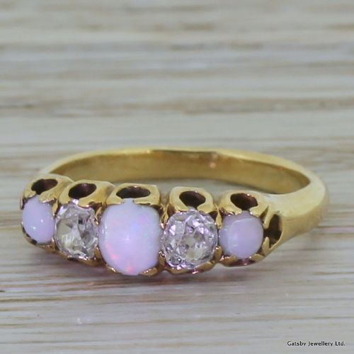 Victorian 0.50 Carat Old Cut Diamond & Opal Five Stone Ring, Circa 1870
