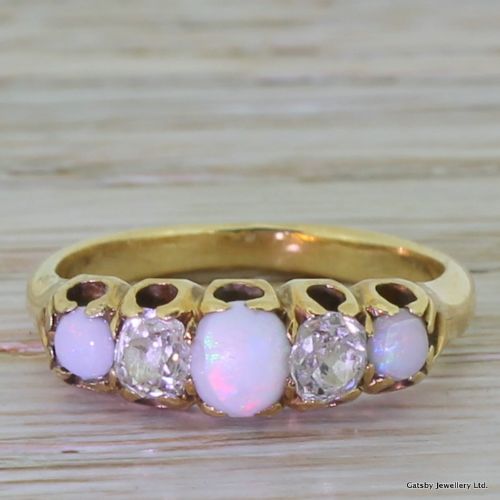 fig 1. Victorian 0.50 Carat Old Cut Diamond & Opal Five Stone Ring, circa 1870
