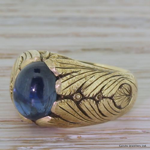Victorian 6.03 Carat Cabochon Sapphire Foliate Ring, Circa 1900
