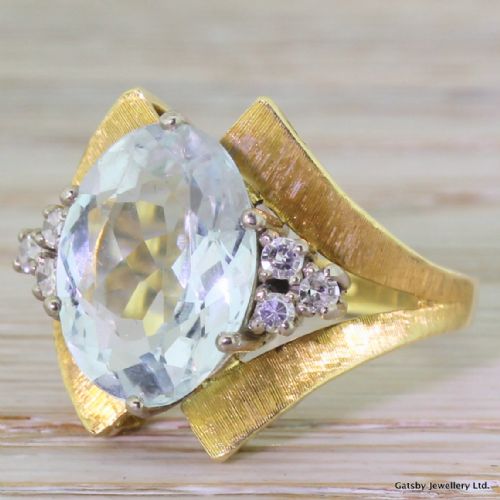 Retro 6.00 Carat Aquamarine & Diamond Cocktail Ring, Circa 1950
