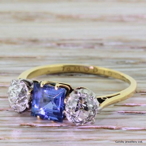 Art Deco 0.90 Carat Sapphire & 1.20 Carat Old Cut Diamond Trilogy Ring, Dated 1931
