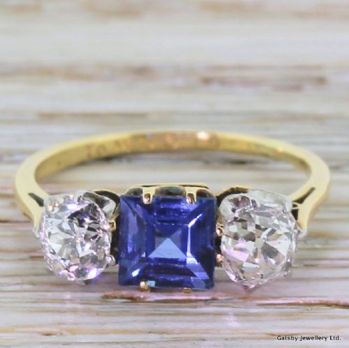 fig 1. Art Deco 0.90 Carat Sapphire & 1.20 Carat Old Cut Diamond Trilogy Ring, dated 1931
