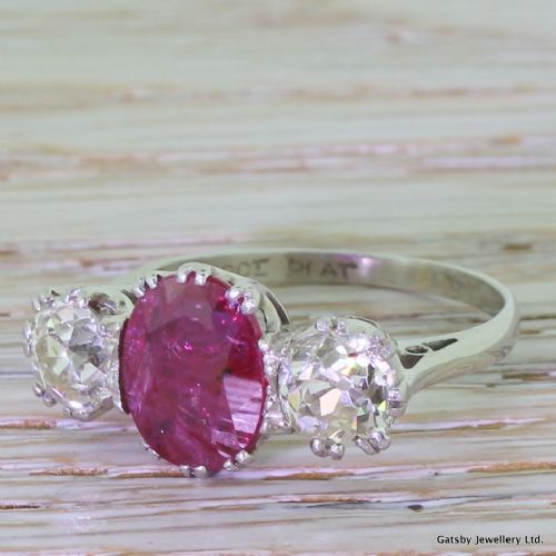 Art Deco 2.20 Carat Ruby & 1.63 Carat Old Cut Diamond Trilogy Ring, Circa 1935
