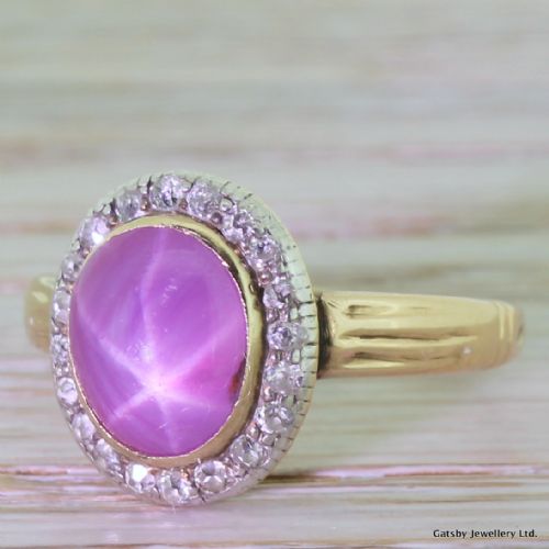 Victorian 4.00 Carat Star Ruby & Old Cut Diamond Cluster Ring, Circa 1880
