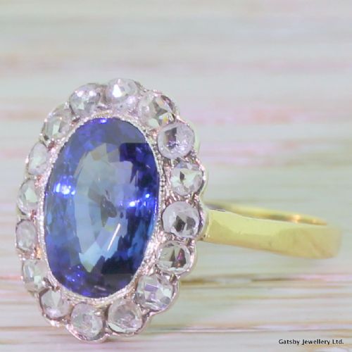 Art Deco 2.50 Carat Sapphire & 0.48 Carat Rose Cut Diamond Cluster Ring, Circa 1925
