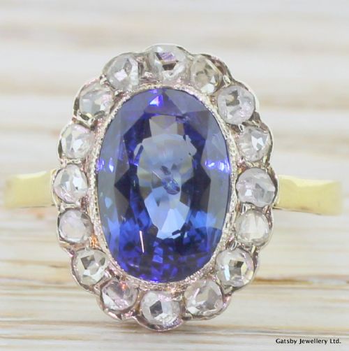 fig 1. Art Deco 2.50 Carat Sapphire & 0.48 Carat Rose Cut Diamond Cluster Ring, circa 1925
