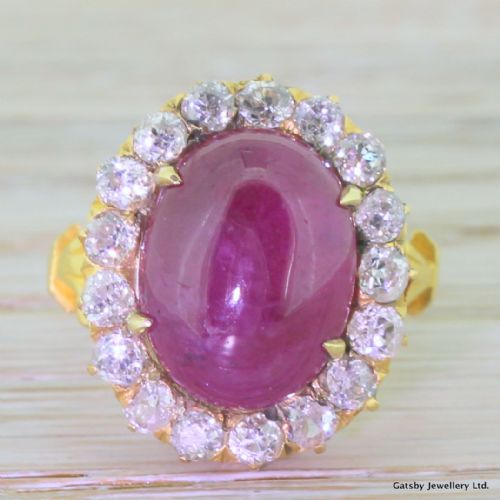 fig 1. Victorian 10.00 Carat Natural Cabochon Ruby & Old Cut Diamond Cluster Ring, circa 1890
