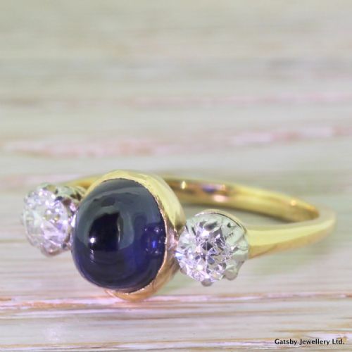 Art Deco 2.00 Carat Cabochon Sapphire & 0.70 Carat Old Cut Diamond Trilogy Ring, Circa 1920
