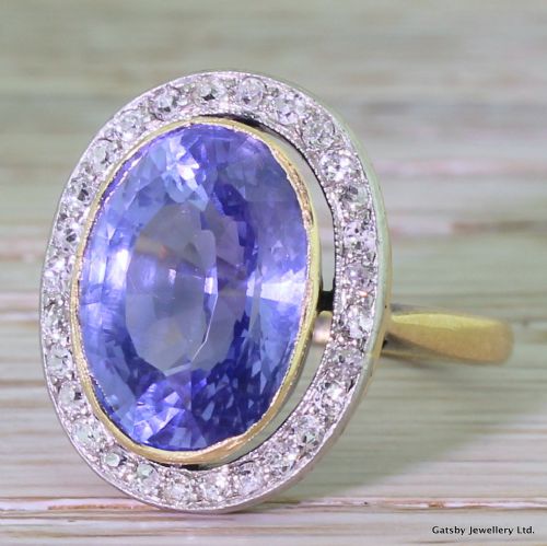 Art Deco 8.80 Carat Ceylon Sapphire & Old Cut Diamond Ring, Circa 1920
