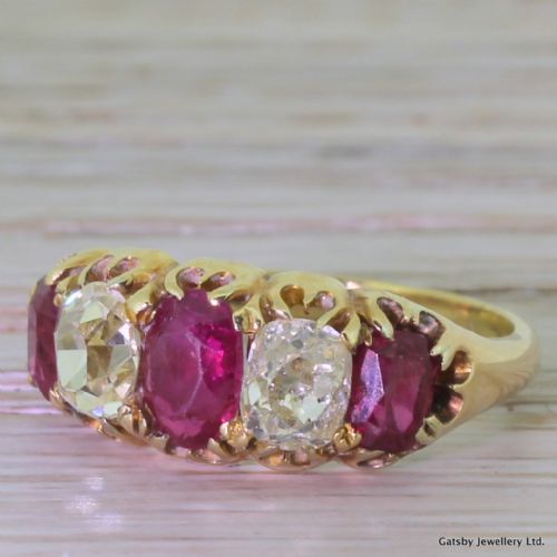 Victorian 1.74 Carat Ruby & 1.30 Carat Diamond Five Stone Ring, Circa 1850
