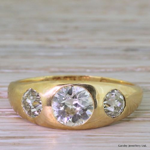 fig 1. Victorian 1.52 Carat Old Cut Diamond Rub-Over Trilogy Ring, dated 1892
