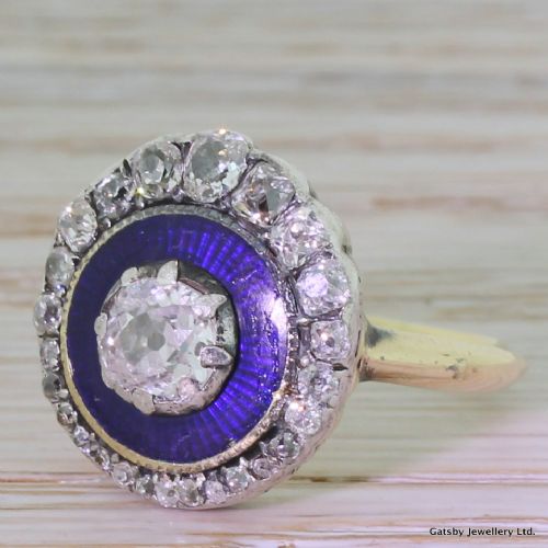 Georgian 1.45 Carat Old Cut Diamond & Enamel Cluster Ring, Circa 1820
