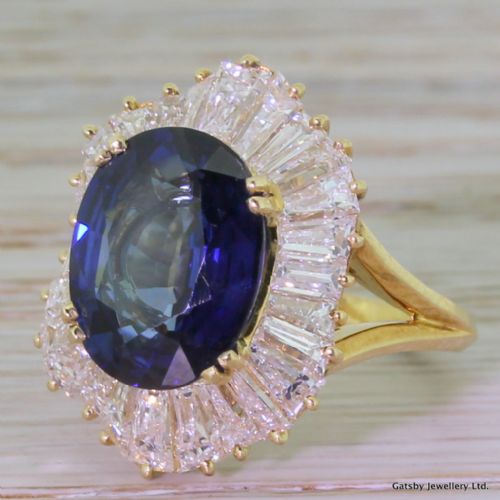 Art Deco Sapphire & Baguette Cut Diamond Cluster Ring, French, Circa 1935
