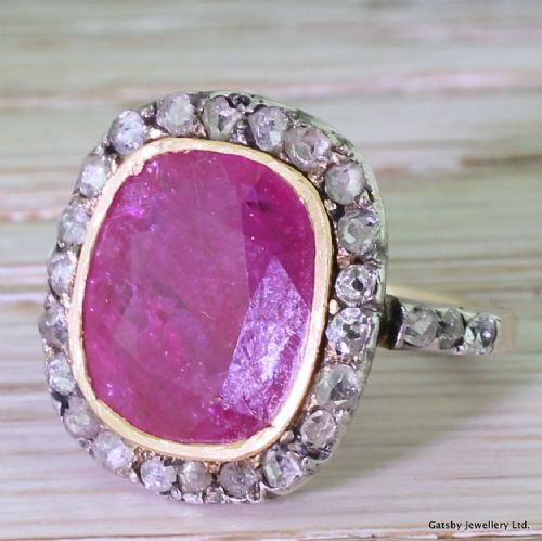 Victorian 4.00 Carat Ruby & Rose Cut Diamond Cluster Ring, Circa 1870
